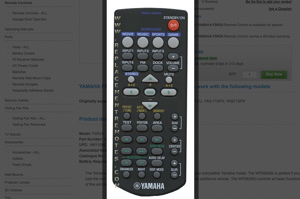 New Original Yamaha Home Theater Remote Control – FSR20 WP08290 For YAS-71