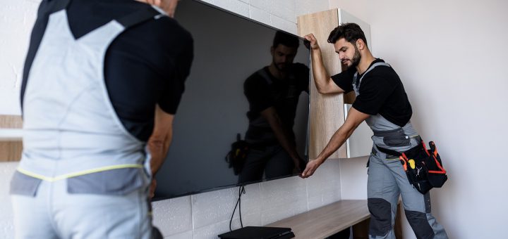 Two professional technicians workers installing television on the wall