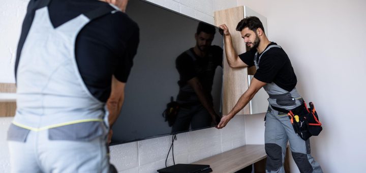 Two men installing a new TV on a wall mount