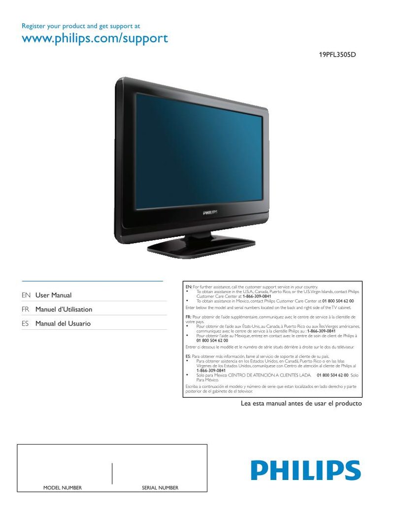 Buy PHILIPS 19PFL3505D/F7OM 19PFL3505D 19PFL3505D/F7 Operating Manual