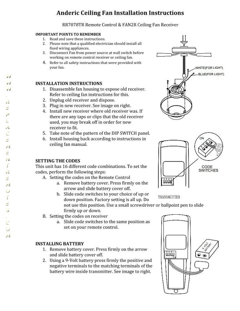 Download Free Anderic Fan2r Rr7078tr Installation Instructions