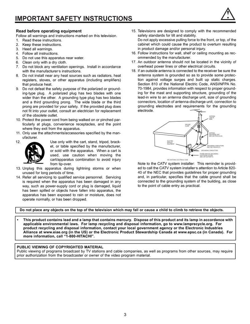 Hitachi 50V500 50V500E 50V500G TV Operating Manual