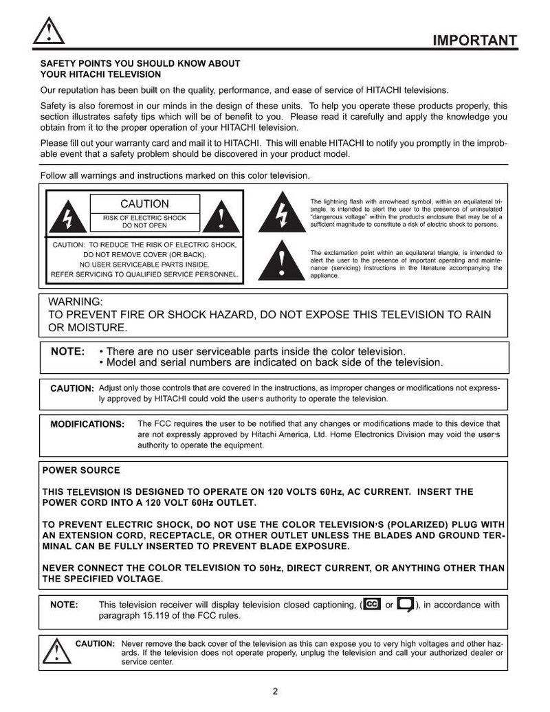 Hitachi 43FWX20B 51GWX20B 51UWX20B TV Operating Manual