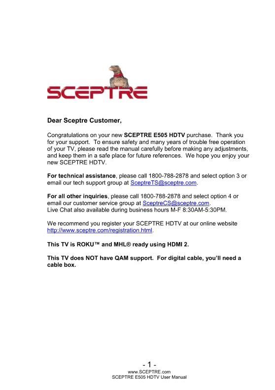 Buy/Download Sceptre E505BVFMQK E505BVFMQK TV TV Operating Manual