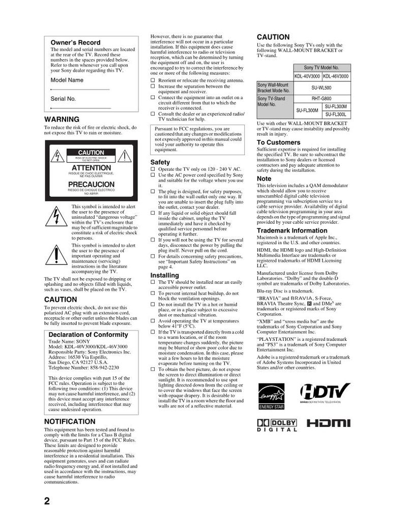 Sony KDL40V3000 KDL46V3000 TV Operating Manual
