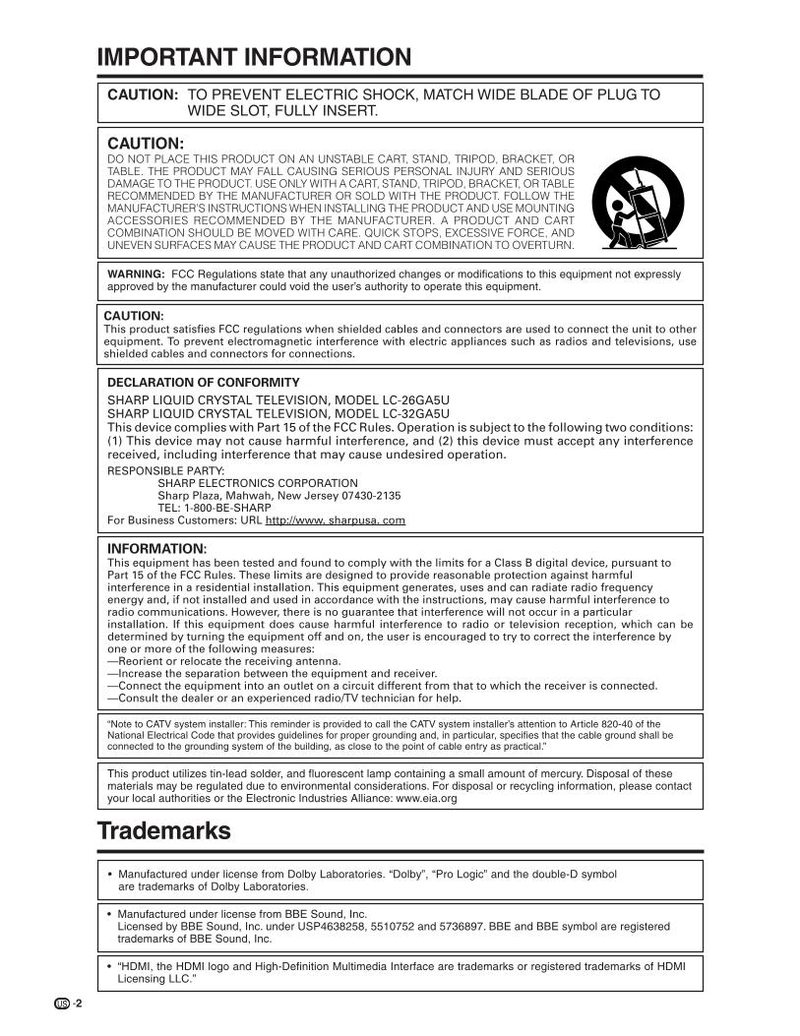 Sharp LC26GA5U LC32GA5U TV Operating Manual
