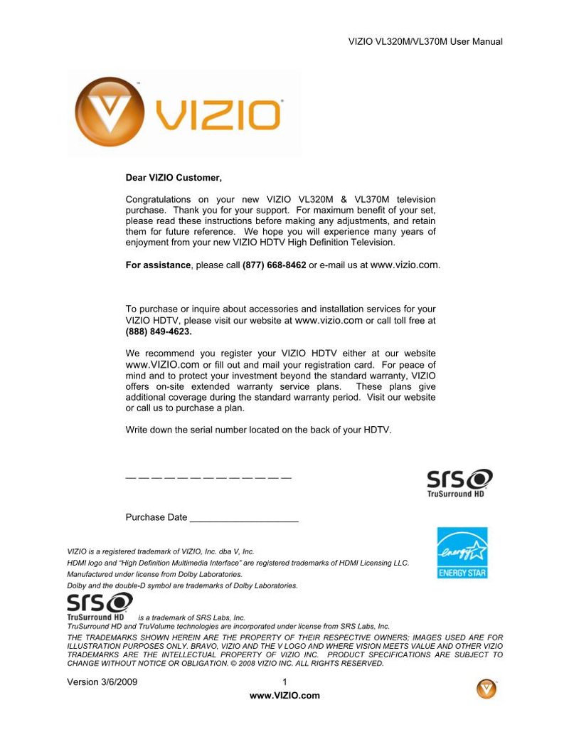 Vizio VL320M VL370M TV Operating Manual