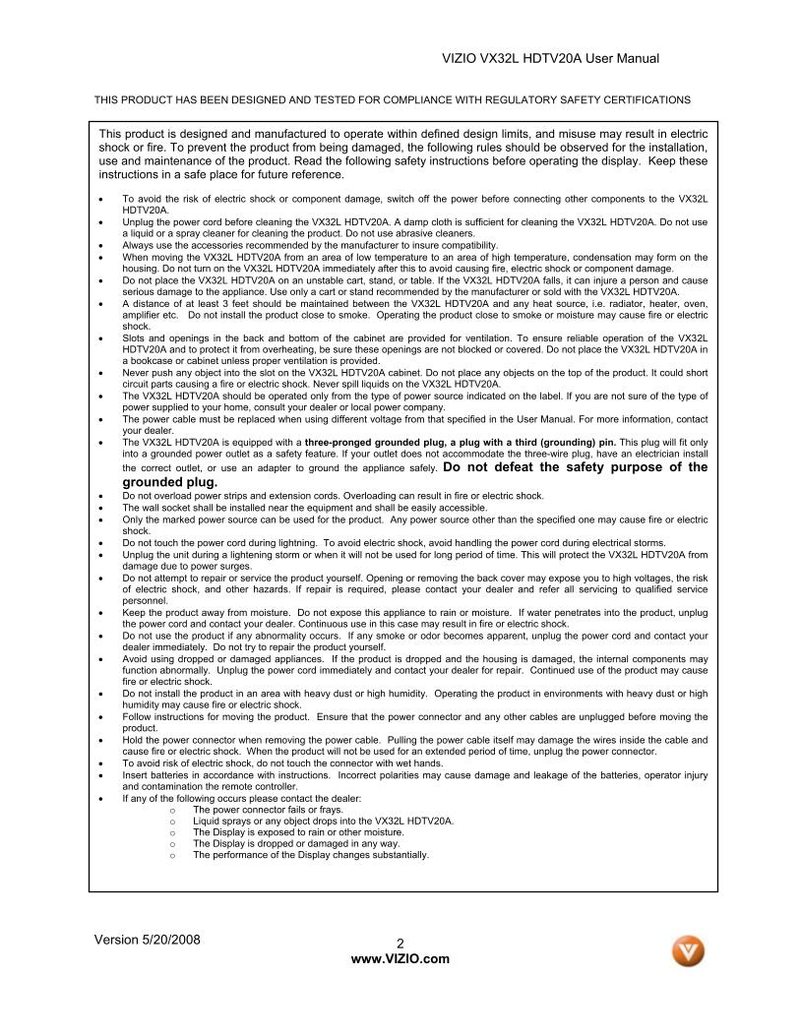 Vizio VX32L VX32LHDTV10A TV Operating Manual