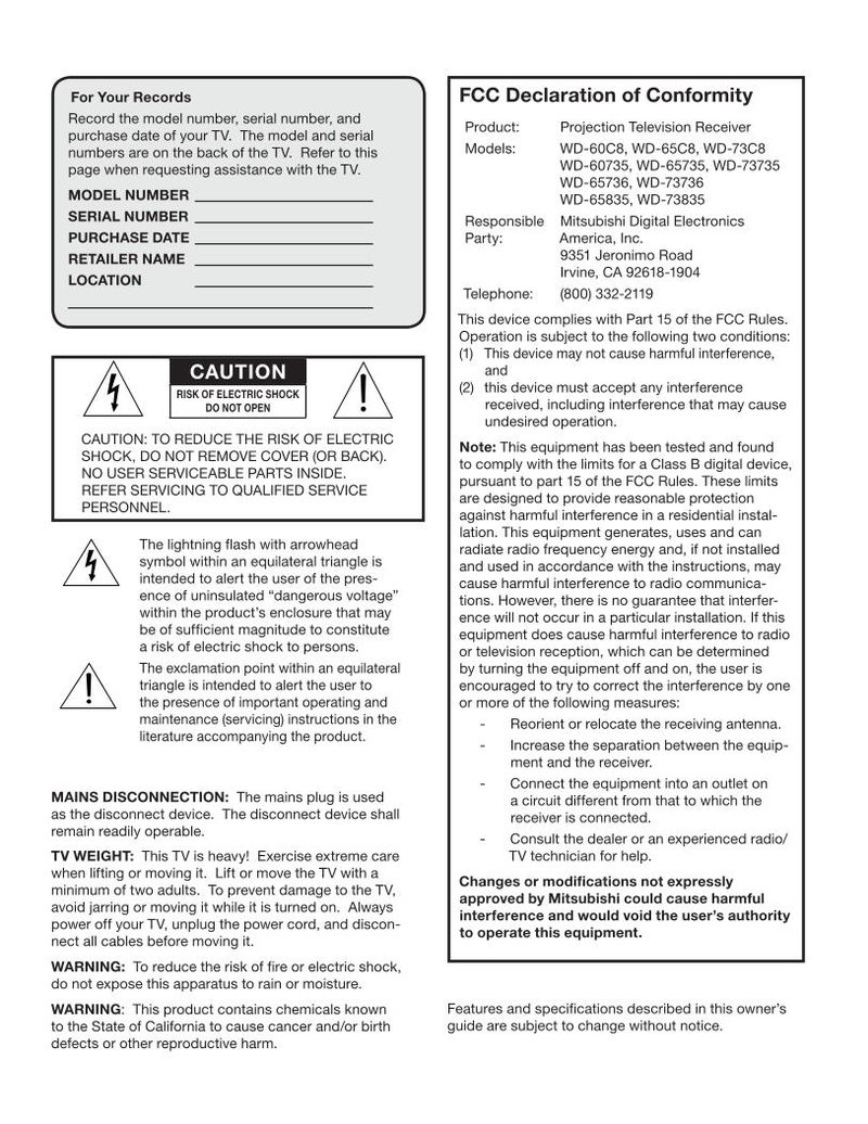 Mitsubishi WD60735 WD60C8 WD65735 TV Operating Manual