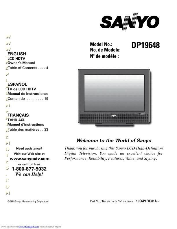 Buy SANYO DP19648OM DP19648 Operating Manual
