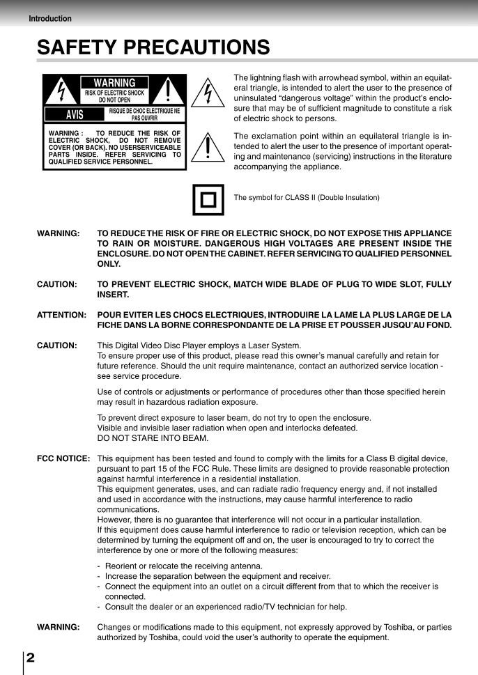 Toshiba SD1700 SD1750 SD1800 DVD Player Operating Manual