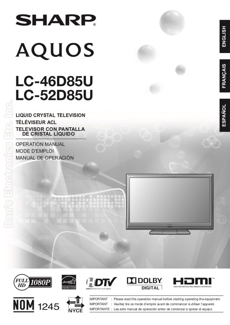 ... Array - buy sharp lc46d85uom lc 46d85u lc 52d85u operating manual rh replacementremotes com