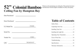 Hampton Bay AC375 Colonial Bamboo 52 in. Ceiling Fan Ceiling Fan Operating Manual