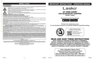 Lasko T42905 OSCILLATING TOWER Upright Fan Operating Manual